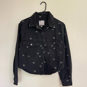 Stoosh Cropped  Jean Jacket Vintage Black White Butterflies Button Front, Size S